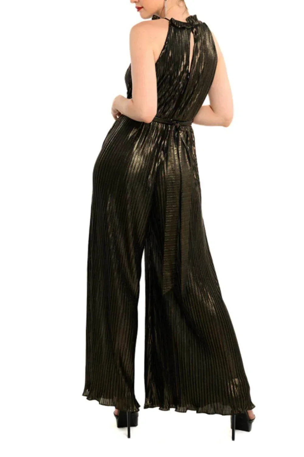 Metallic Pleated Wide Leg Jumpsuit