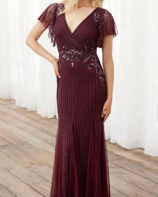 Flutter Sleeve Beaded Gown