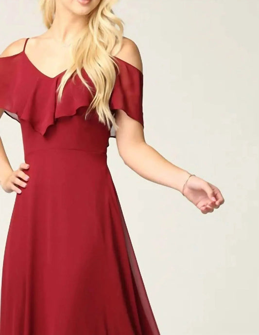 Chiffon Cold Shoulder Ruffle Sleeve Bridesmaid Dress