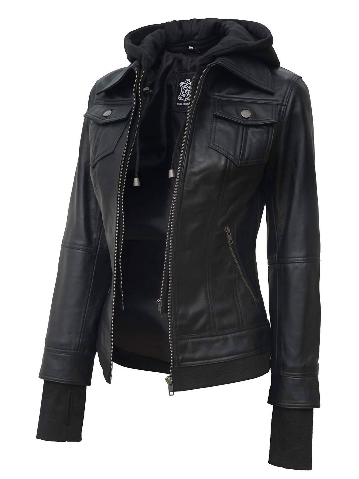 Damen Bomber-Lederjacke mit abnehmbarer Kapuze