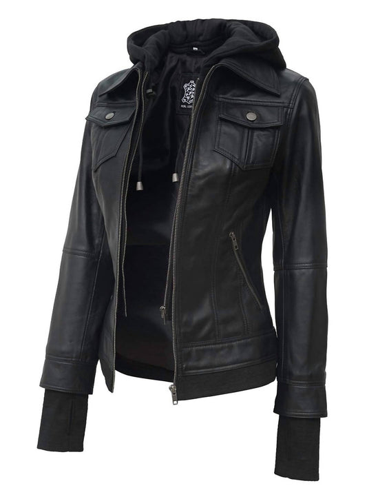 Damen Bomber-Lederjacke mit abnehmbarer Kapuze
