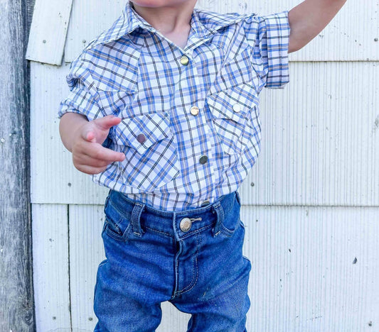 Boys Youth Plaid Pattern Metal Snap Shirt