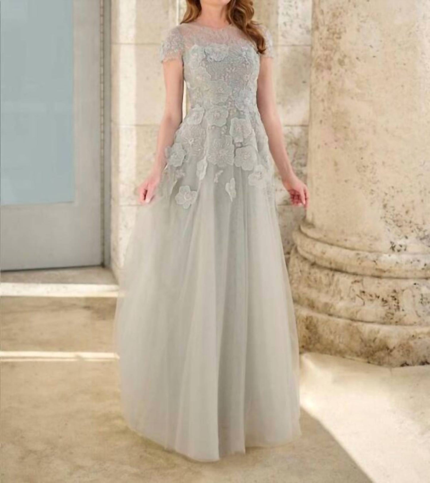 Short Sleeve Jewel Neck Evening Gown