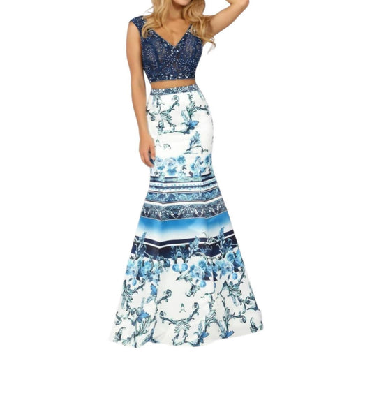Zweiteiliges Kleid aus Perlen-Tüll und bedrucktem mattem Satin