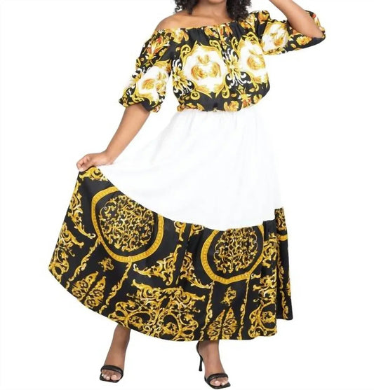 Maxikleid mit afrikanischem Muster und Off-Shoulder-Ausschnitt