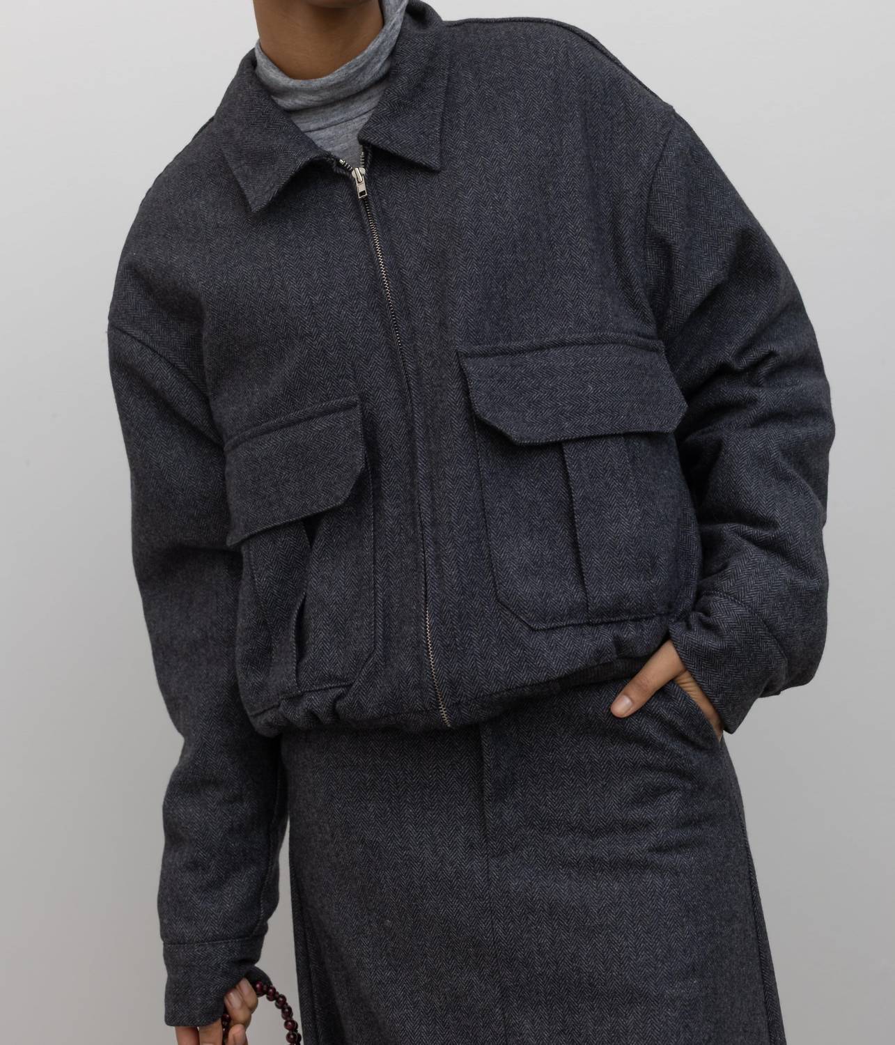 Herringbone Collared Quilted Bomber Jacket