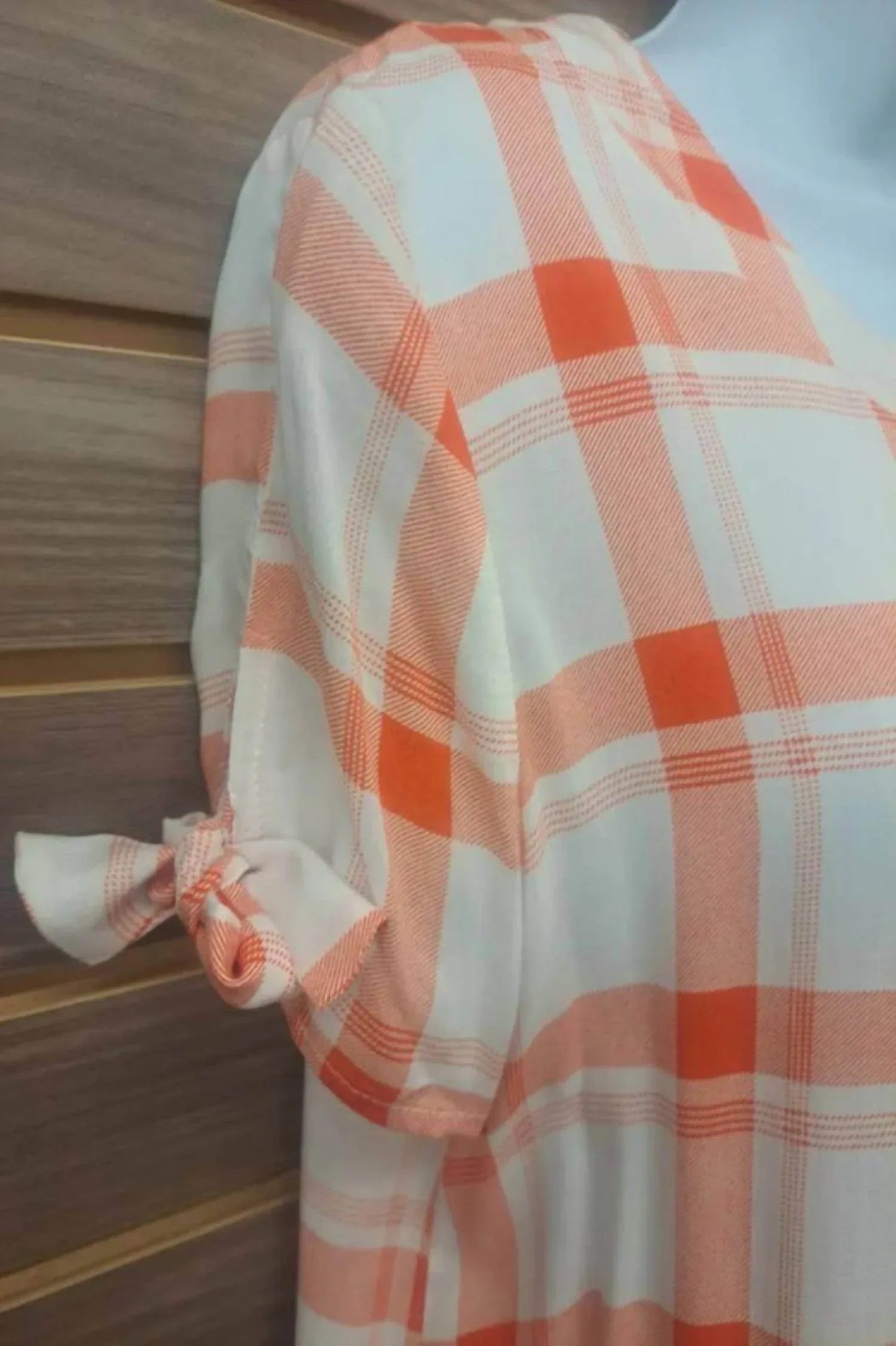 Damen Leinenbluse mit kurzen Ärmeln, Karomuster und Bindedetail