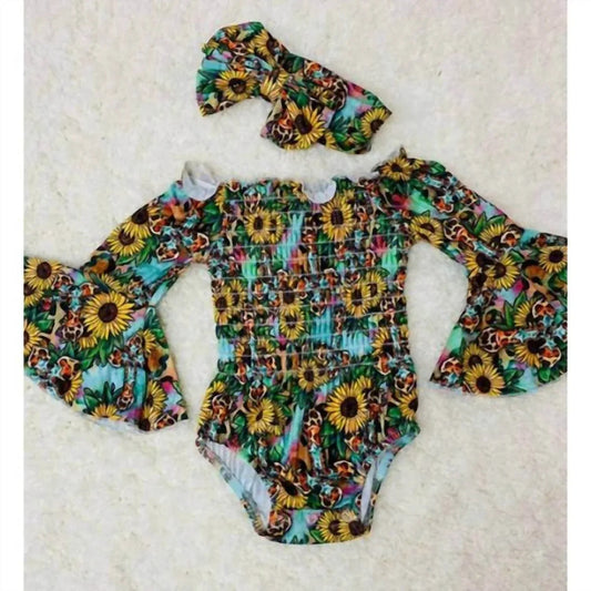 Baby-Body mit Sonnenblumen- und Leopardenmuster für Mädchen und passendem Stirnband