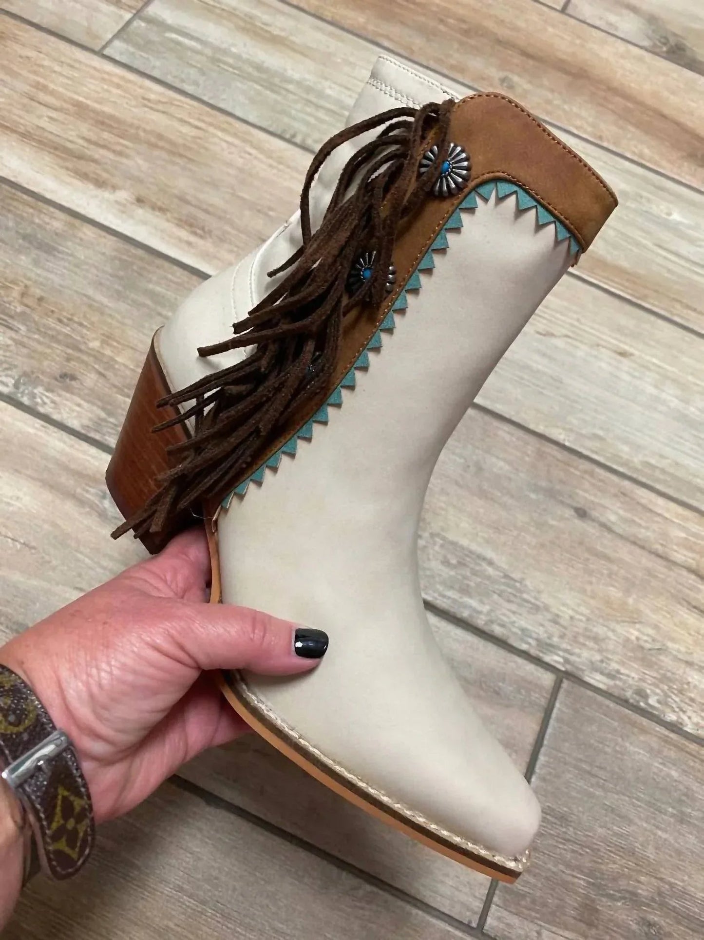 Women's Fringe Denim Boots With Conchos