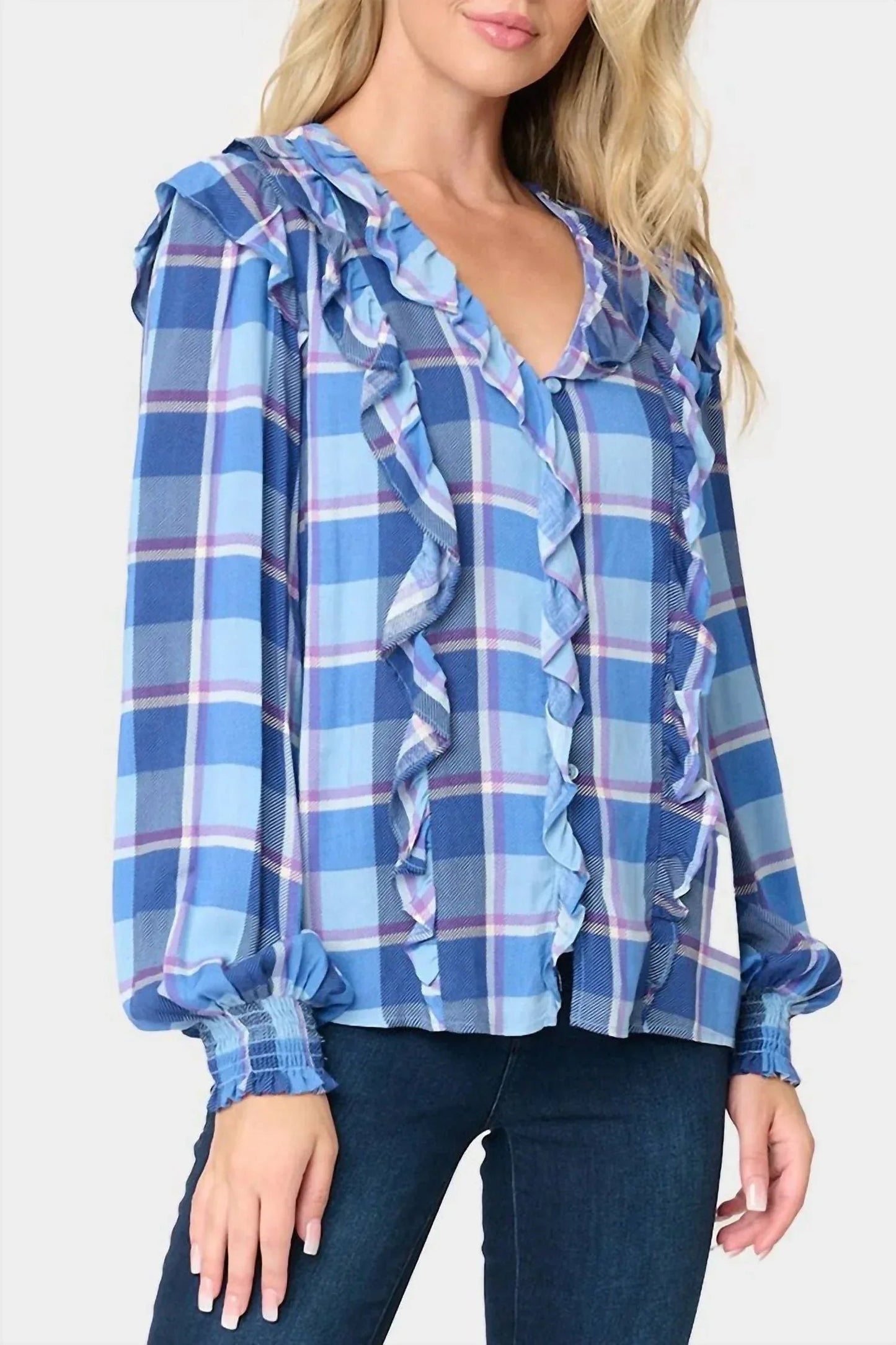 Kariertes Langarmshirt mit Rüschendetail