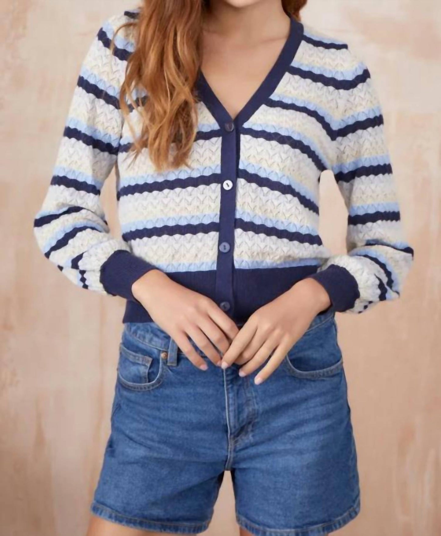 AYLA POINTELLE STRIPE V CARDIGAN