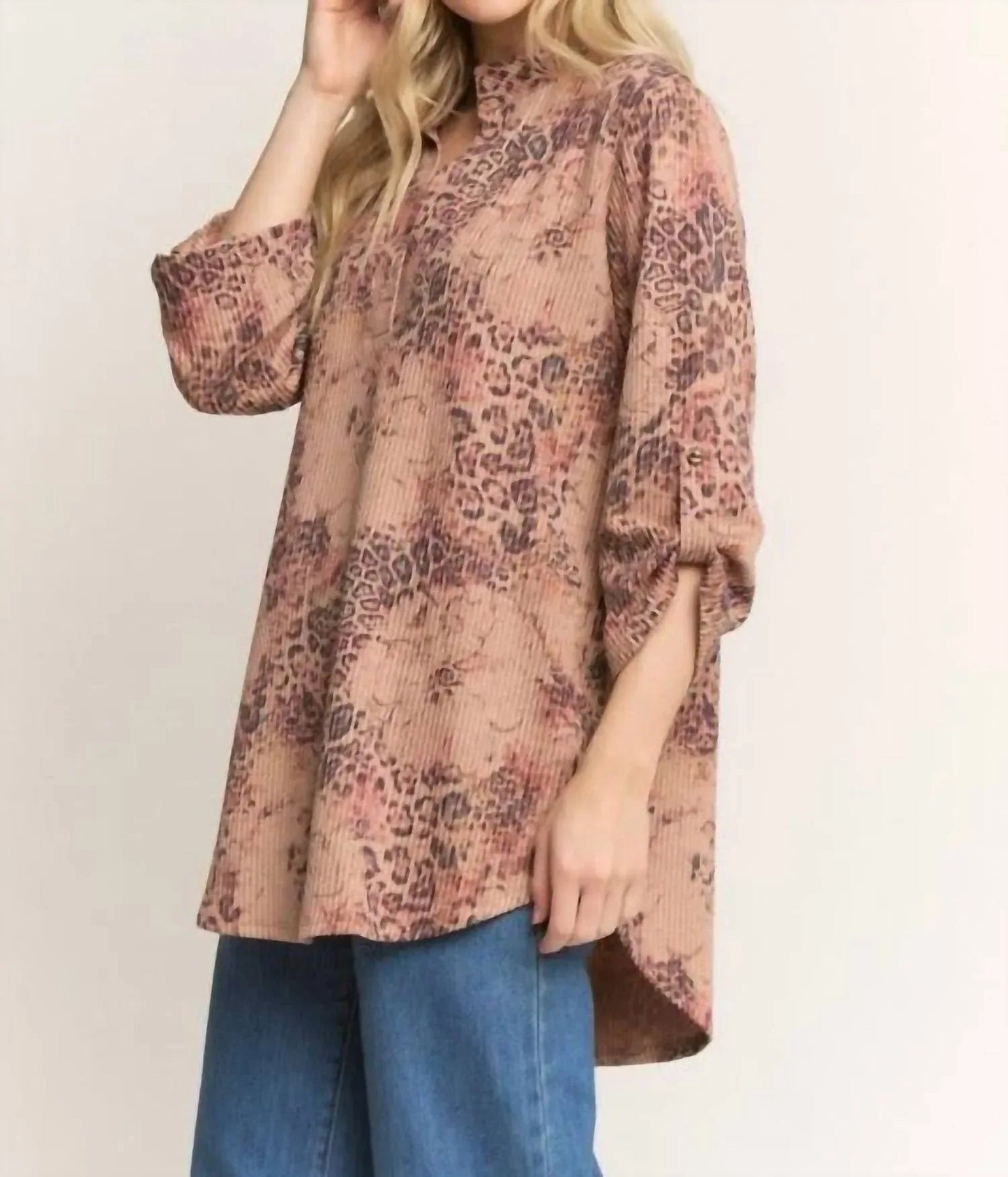 Stehkragen-Oberteil mit Animal-Print