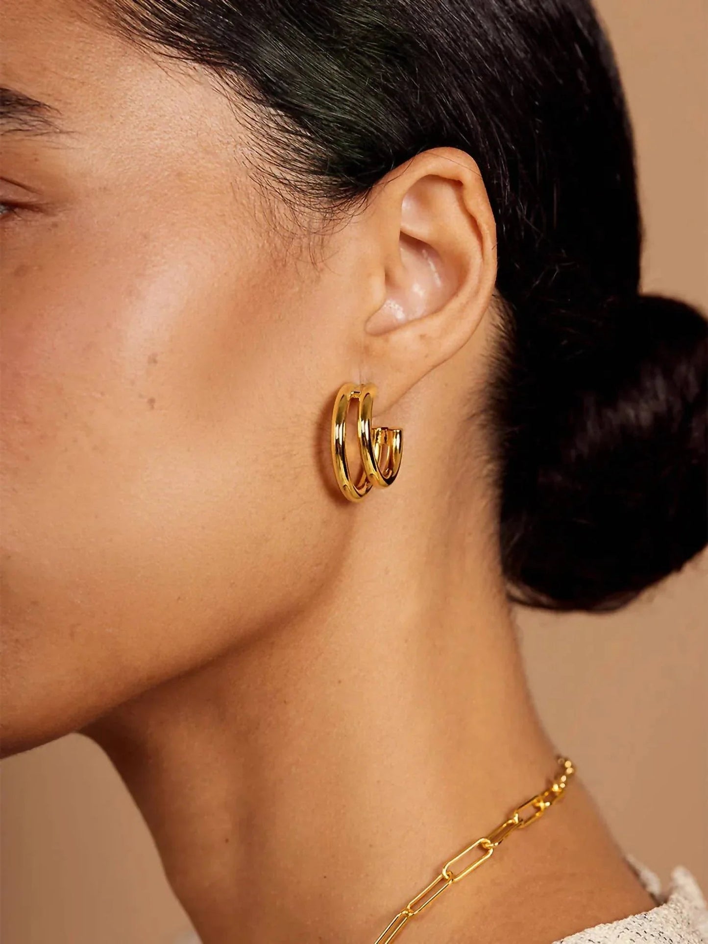 Women's Two Tone Small Double Hoop Earring