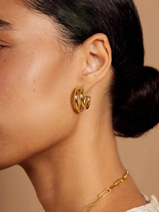 Women's Two Tone Small Double Hoop Earring