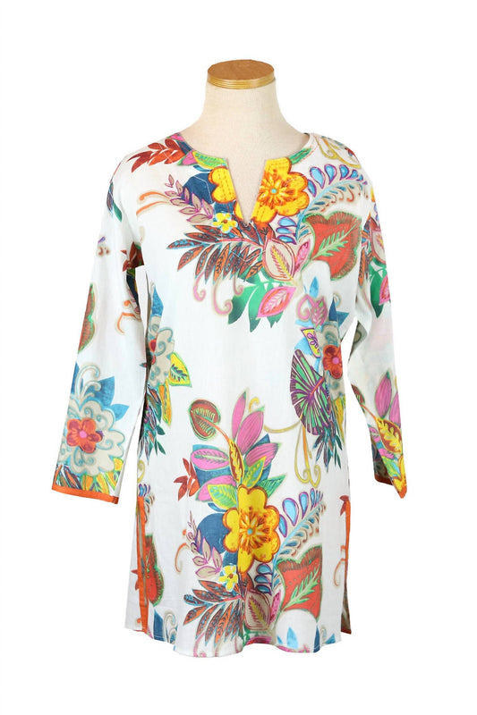 Women's Fiji Tunic With Neck Embroidery Sleeve And Side Trim