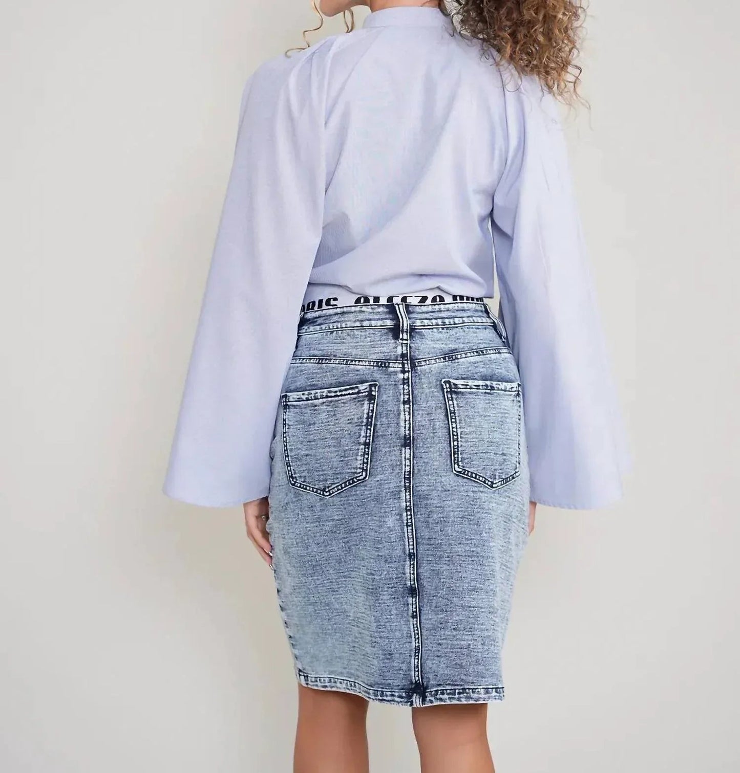 Denim Straight Skirt with Elastic Waistband