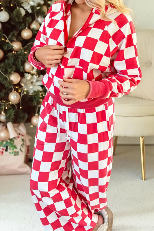 Checkered Print Half Zip Hoodie Loose Pant Set