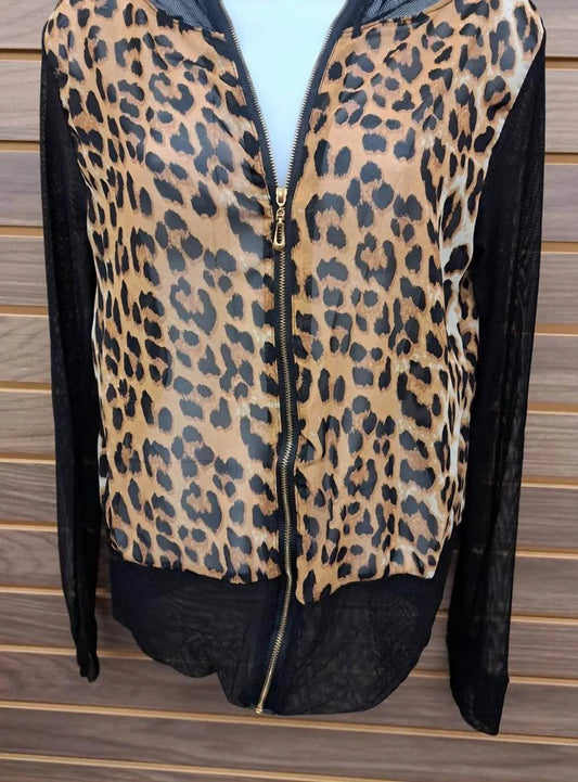 Women's Leopard Chiffon Black Mesh Zip Up Jacket