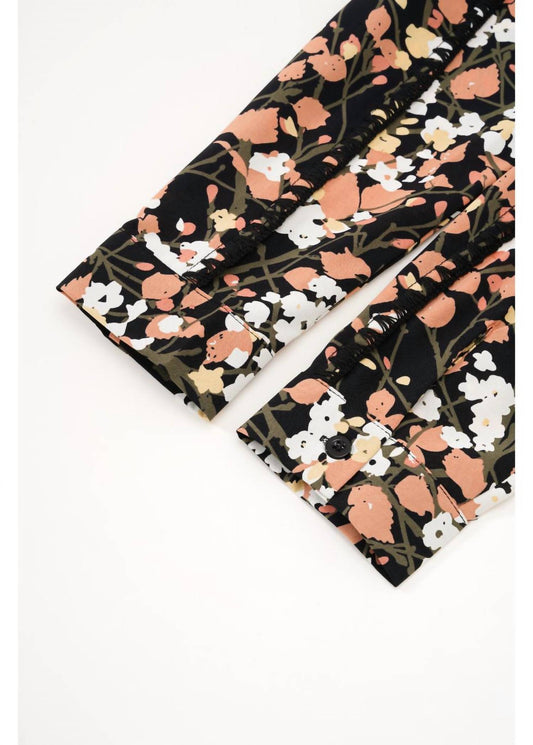 Women's Cuffed Spring Foliage Blouse With Front Tie