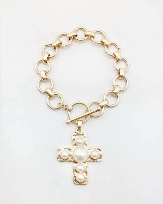 Women's Pearl Cross Charm Toggle Bracelet