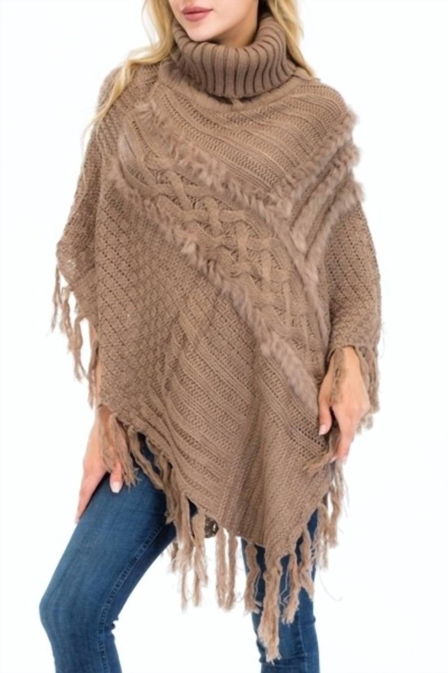 Luxuriöser Rollkragen-Poncho mit Kunstfell-Akzent