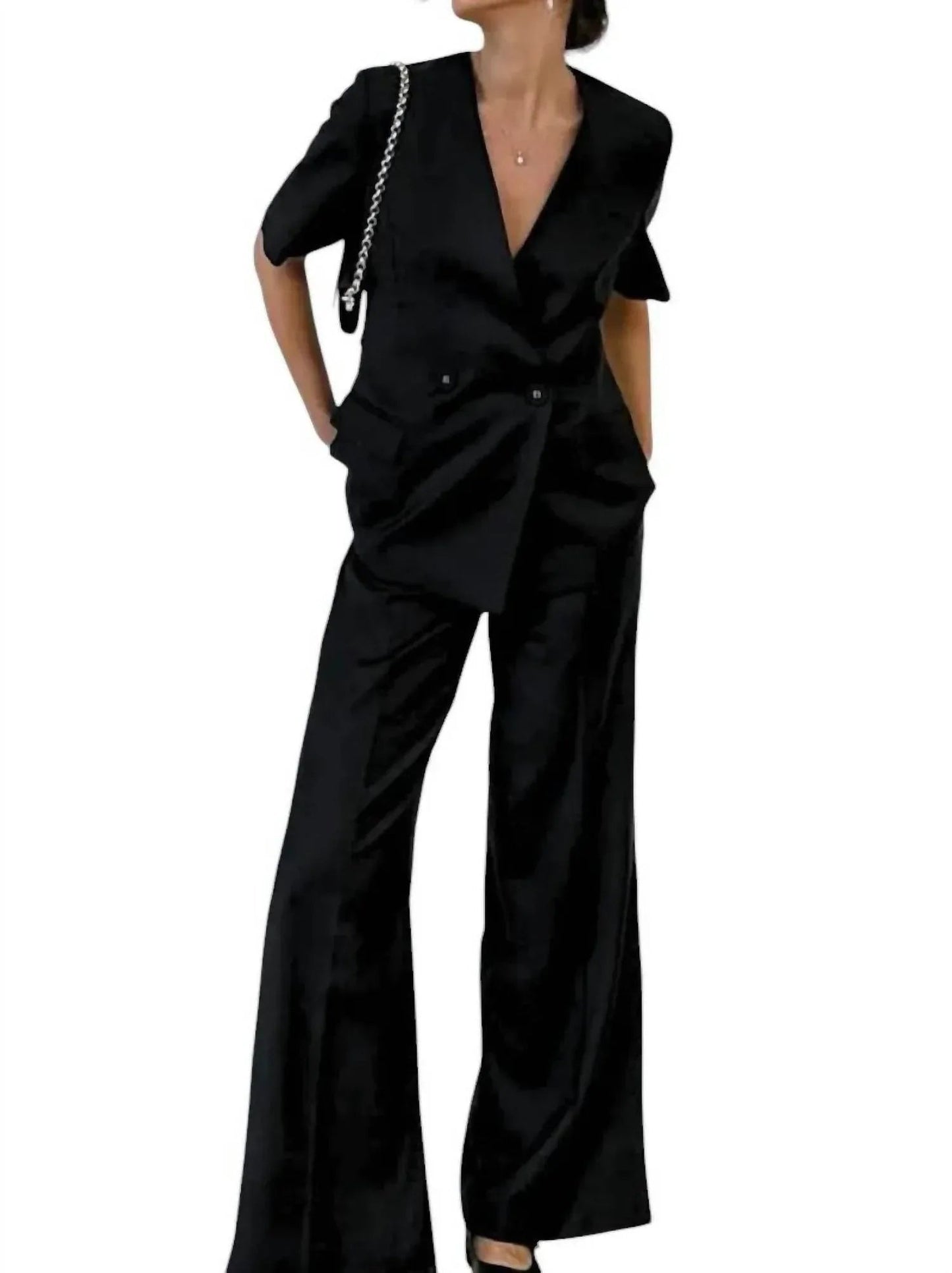 Meredith Double-Breasted Satin Blazer and Pant Set