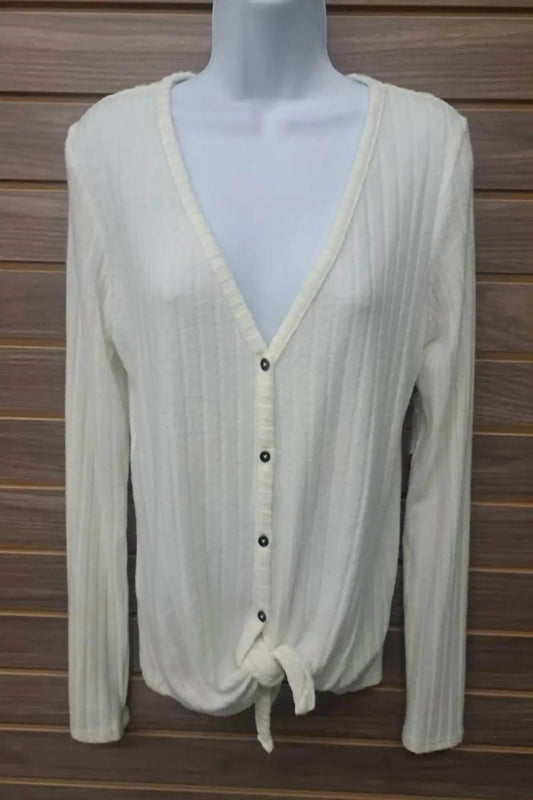 Women's Ribbed Button Down V Neck Tie Front Top