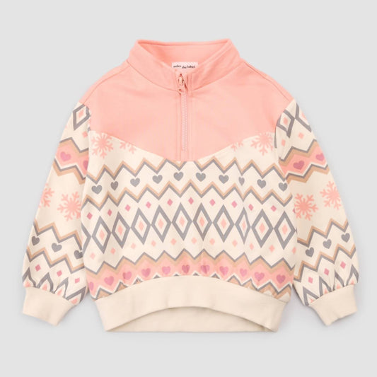 Mädchen-Fleece-Pullover mit halbem Reißverschluss und Fair-Isle-Muster
