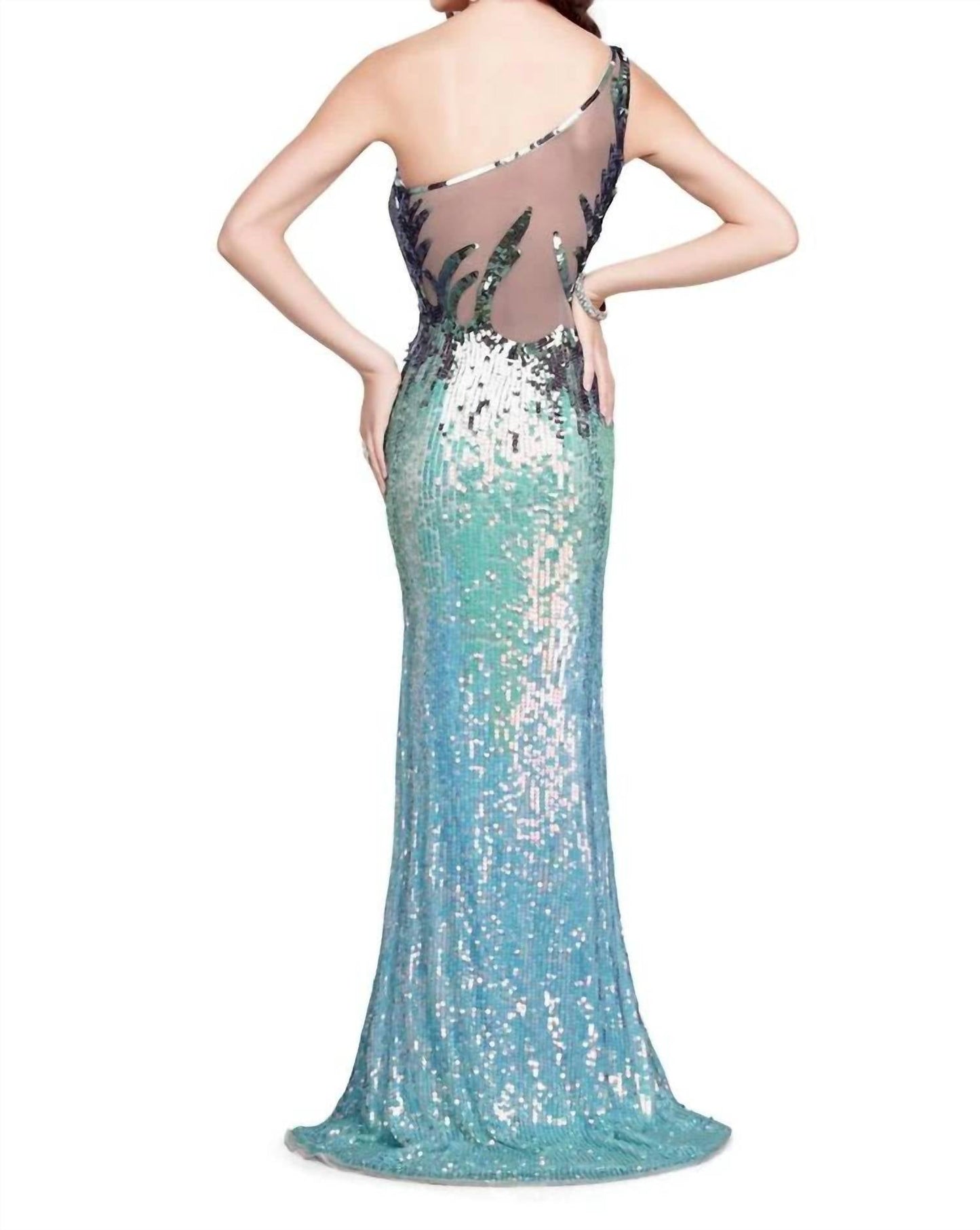 One Shoulder Intricately Beaded Prom Gown