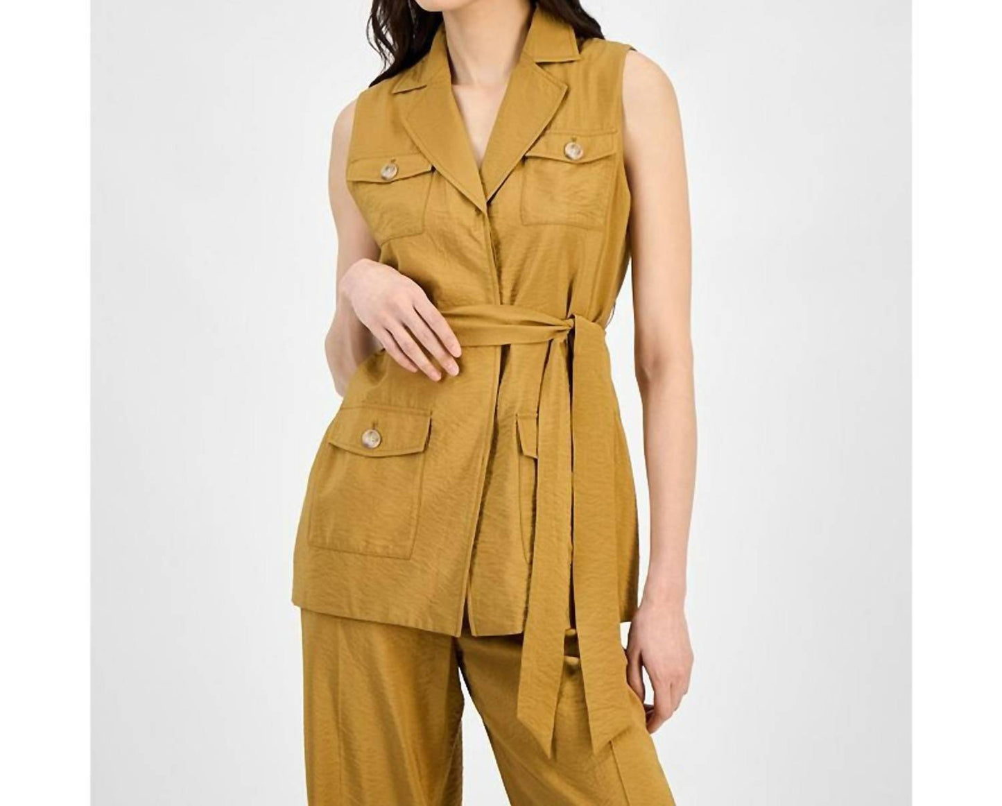 Sleeveless Tie-waist Patch-pocket Jacket
