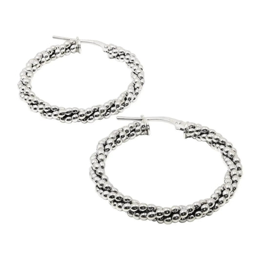 Women's Rhodium Beaded Twisted Round Hoop Earrings
