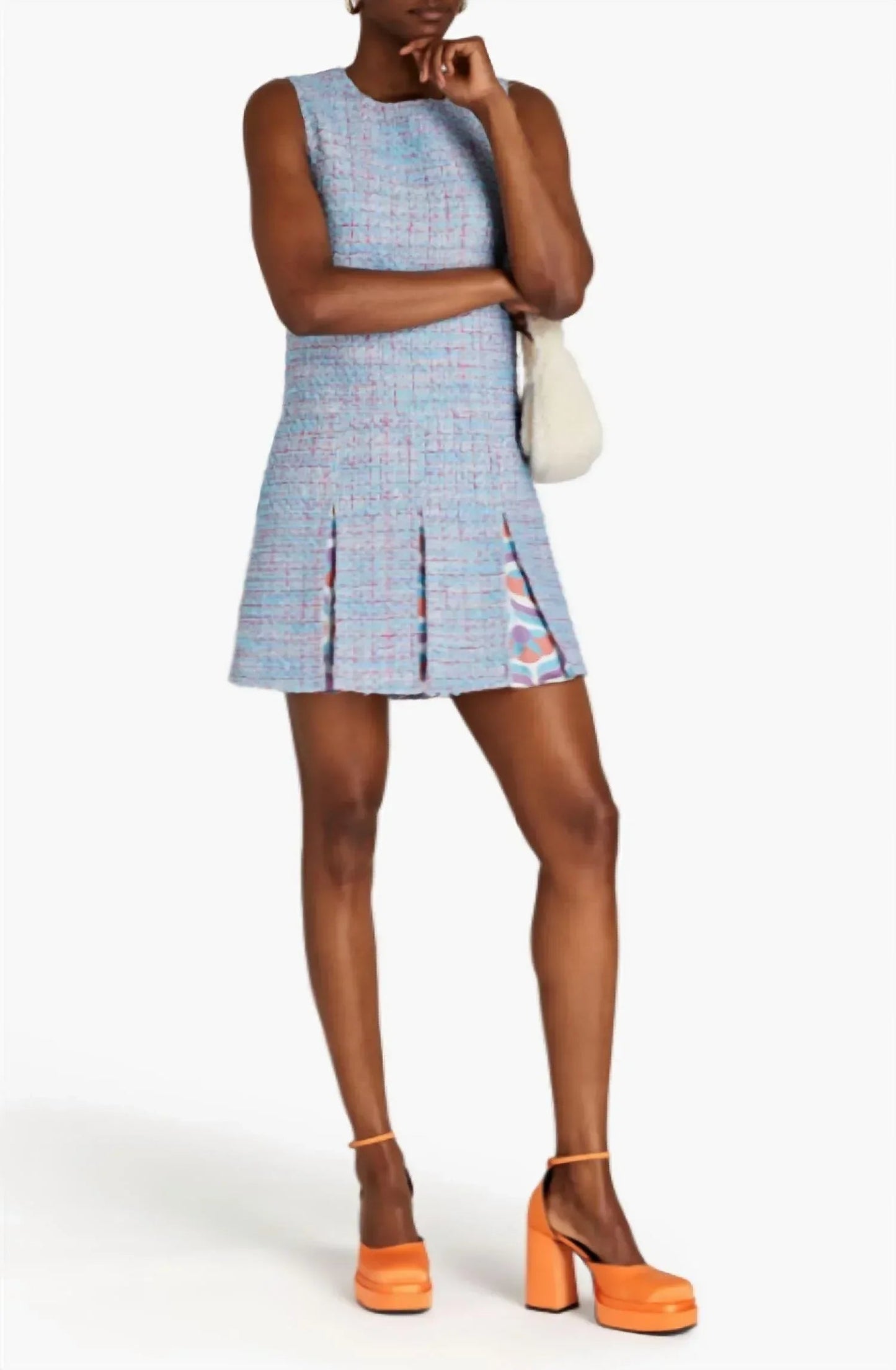 Bouclé-Tweed-Minikleid mit Plisseefalten und Satineinfassung