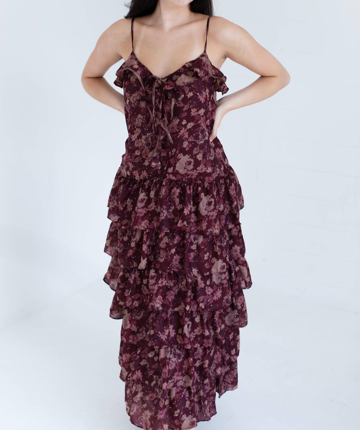 Damen Maxikleid mit Blumenmuster, Rüschen und Stufen