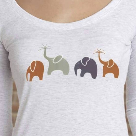 Womens Happy Elephant Family Long Sleeve Scoop Neck T-Shirt