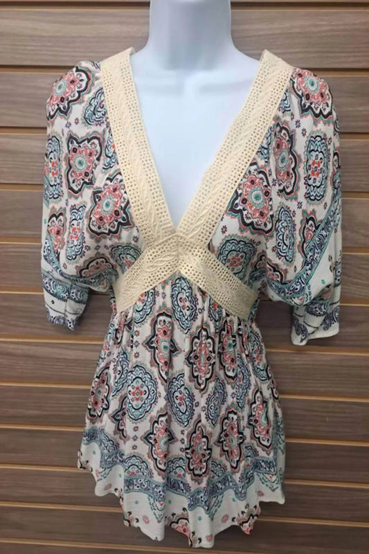 Women's Open Back Linen Lace Paisley Top