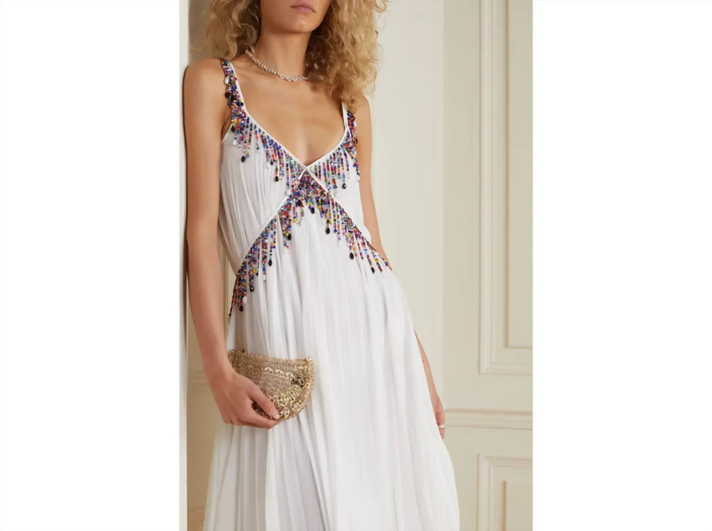 Pleated Bead-Embellished Georgette Mini Dress