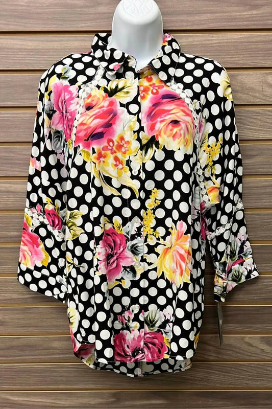 Women's 3/4 Sleeve Polka Dot Floral Blouse