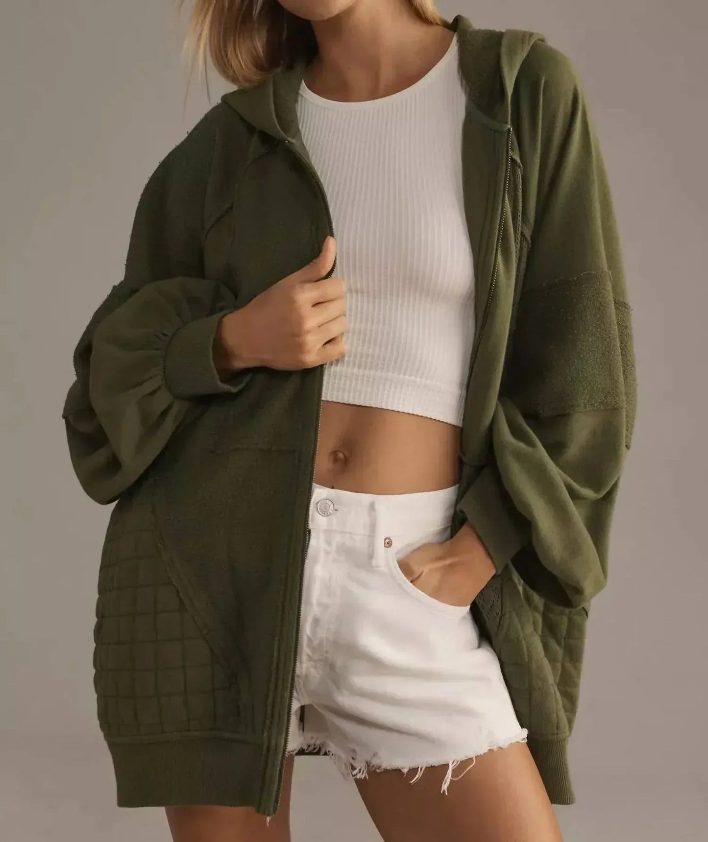 Mixed Print Full Zip Hooded Sweatshirt