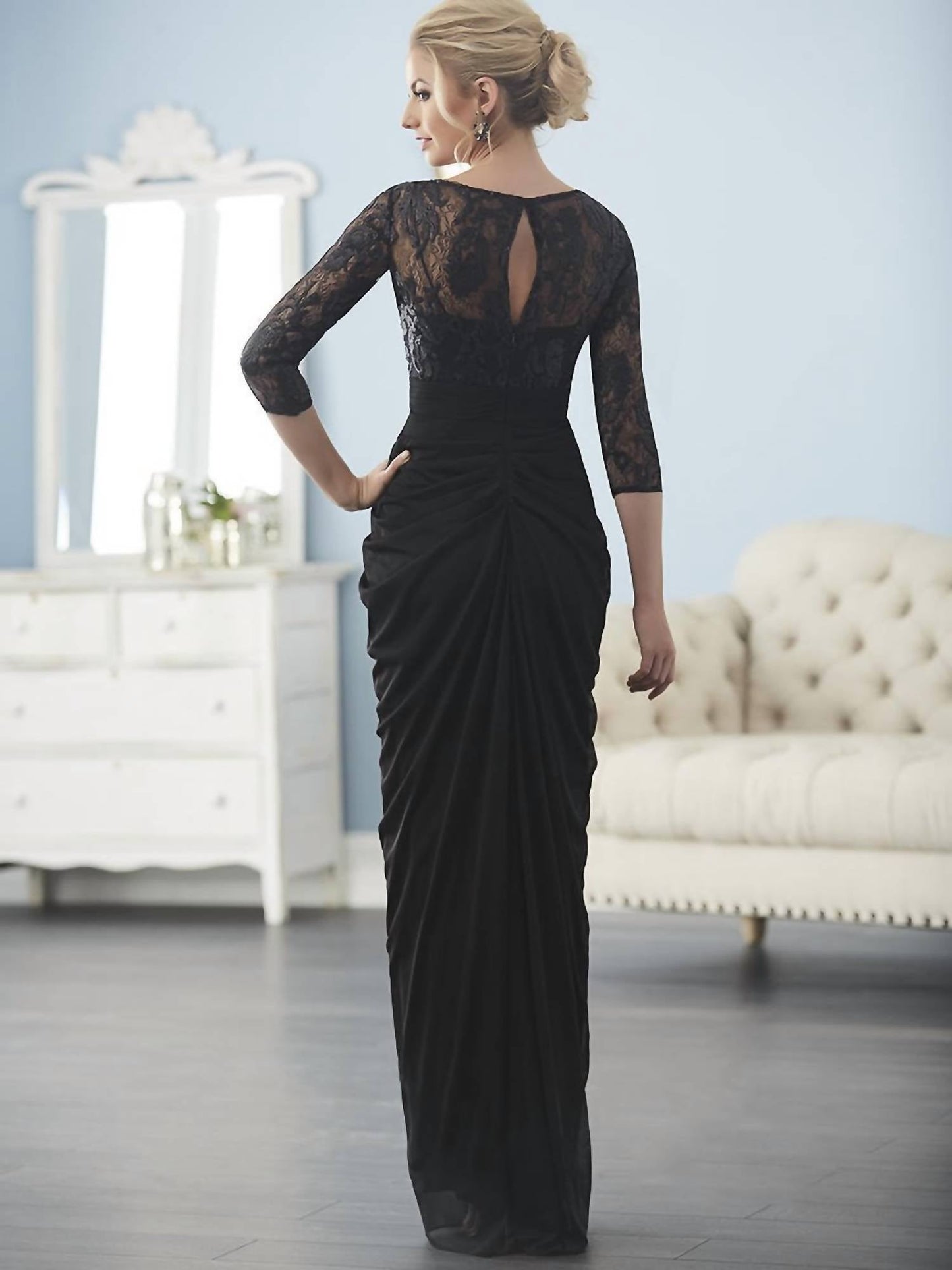 Illusion Bateau Pleated Sheath Dress