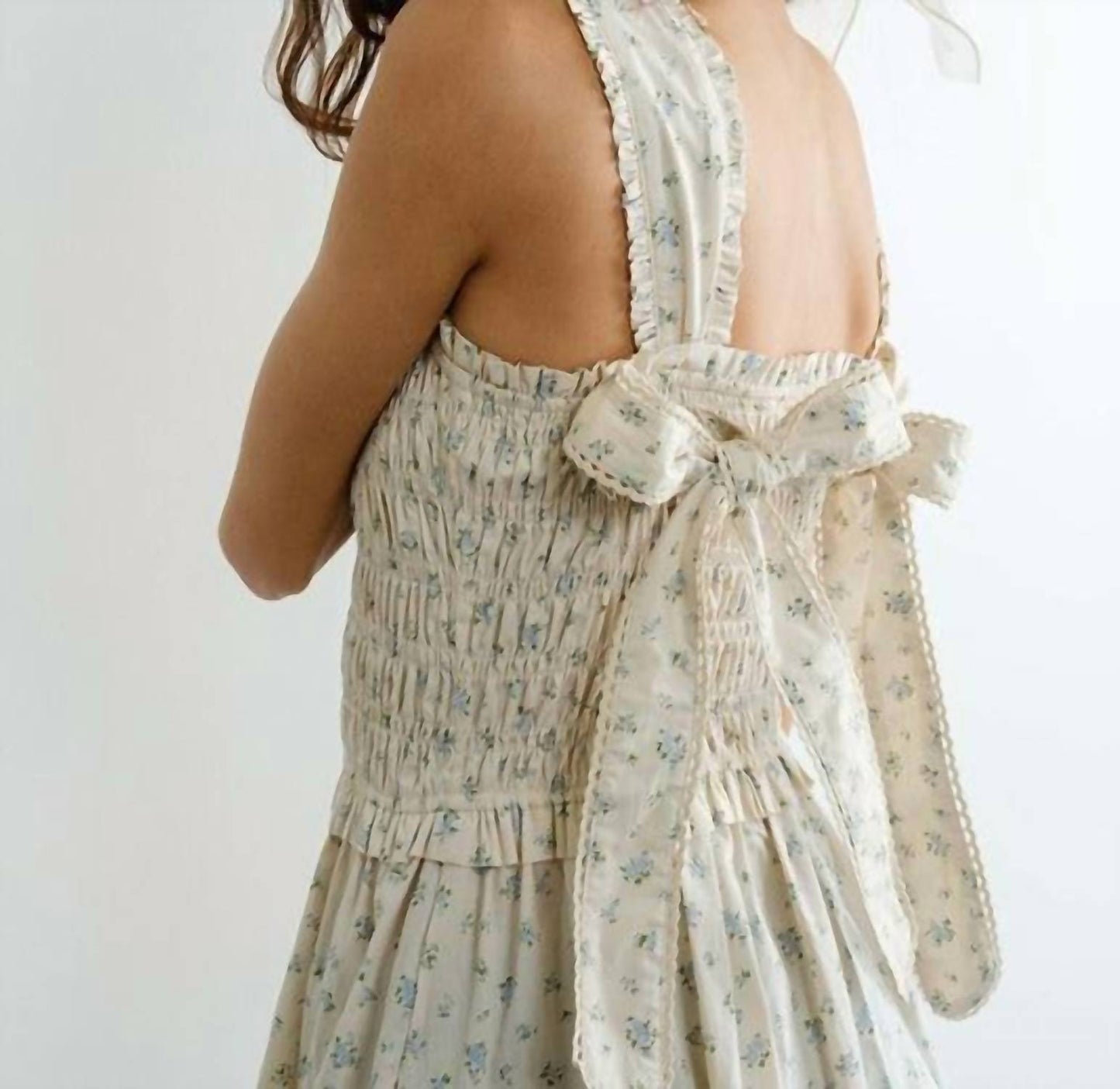Margot Retro Bow Tie Back Smocked Midi Dress