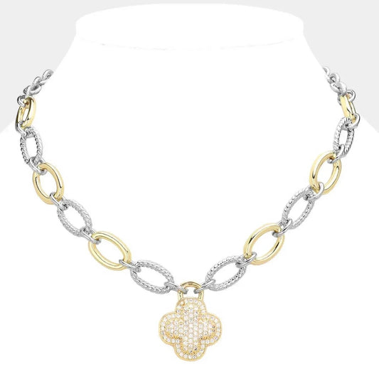 Women's Adele Cubic Zirconia Stone Paved Quatrefoil Pendant Necklace