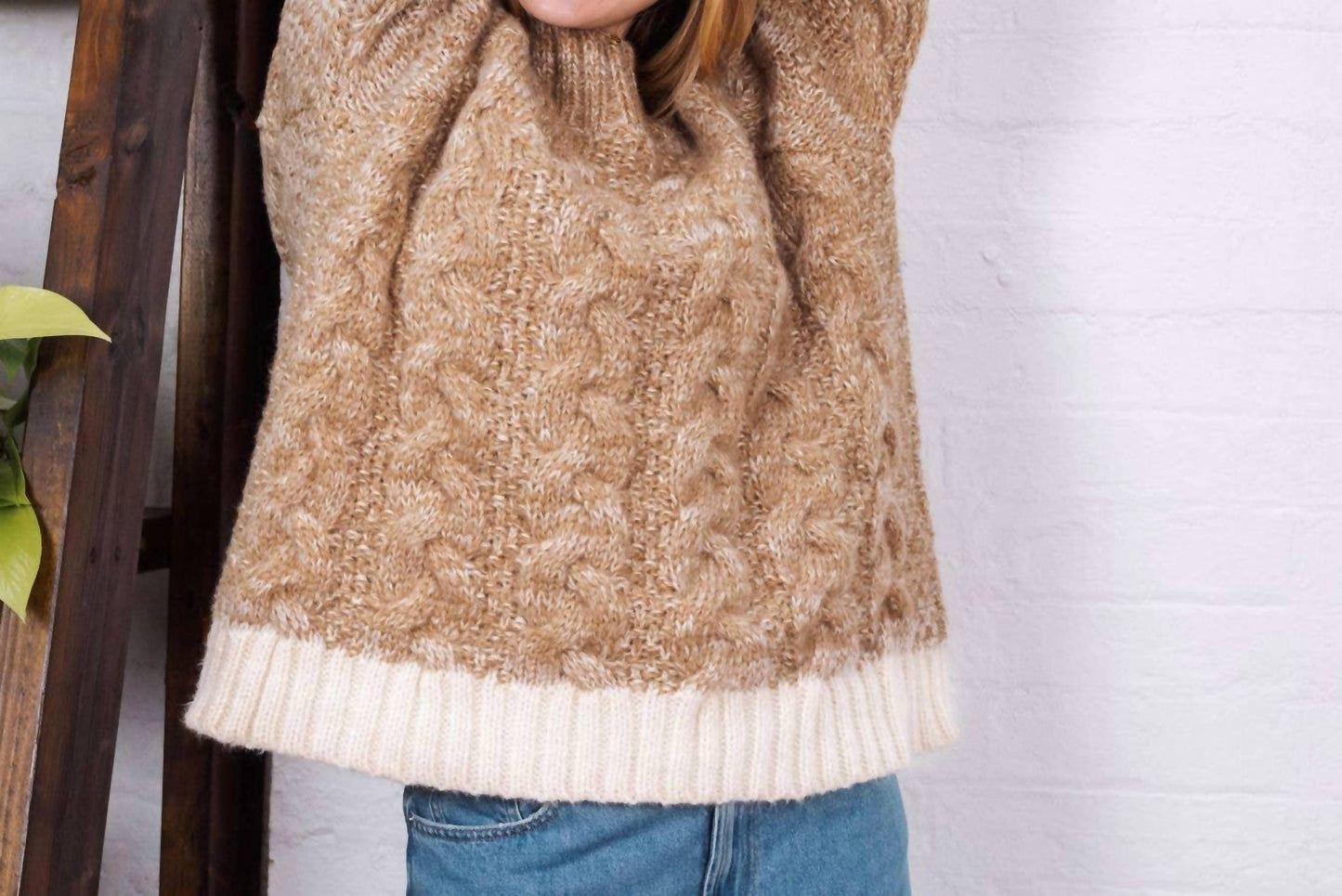 Jennie Cable Marled Stehkragen-Ballonärmel-Pullover