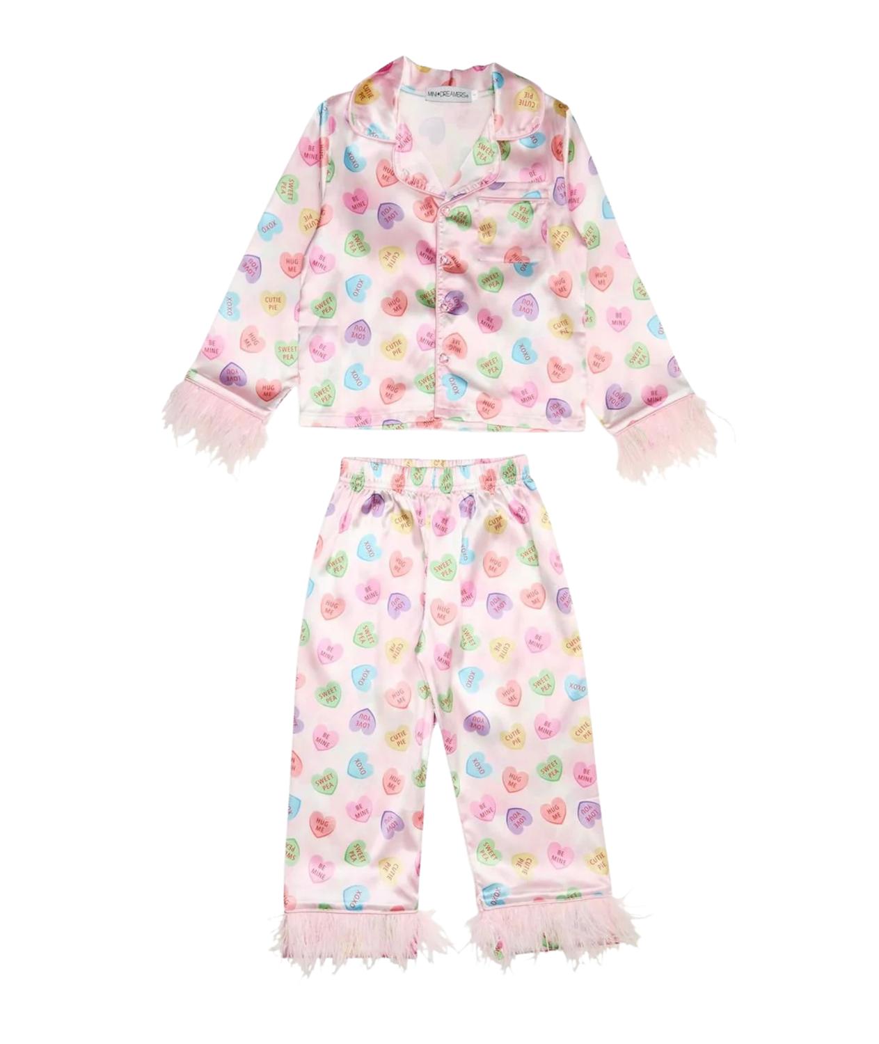 Mädchen Pyjama-Set "Liebling" aus seidigem Stoff mit Federbesatz