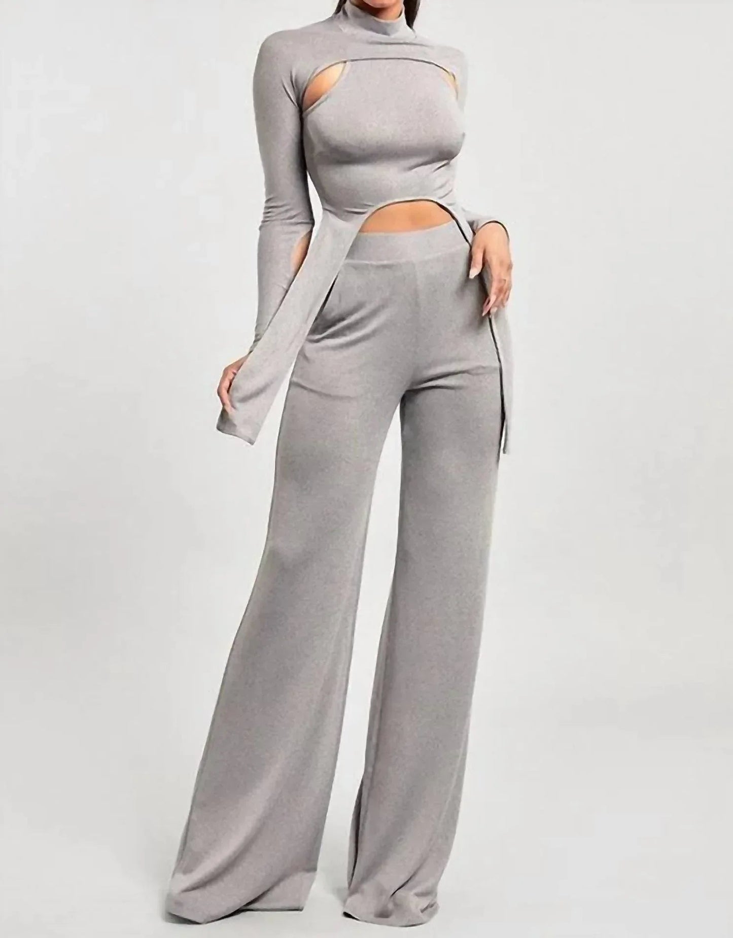 Mock Neck Cropped Top Two Piece Pants Set