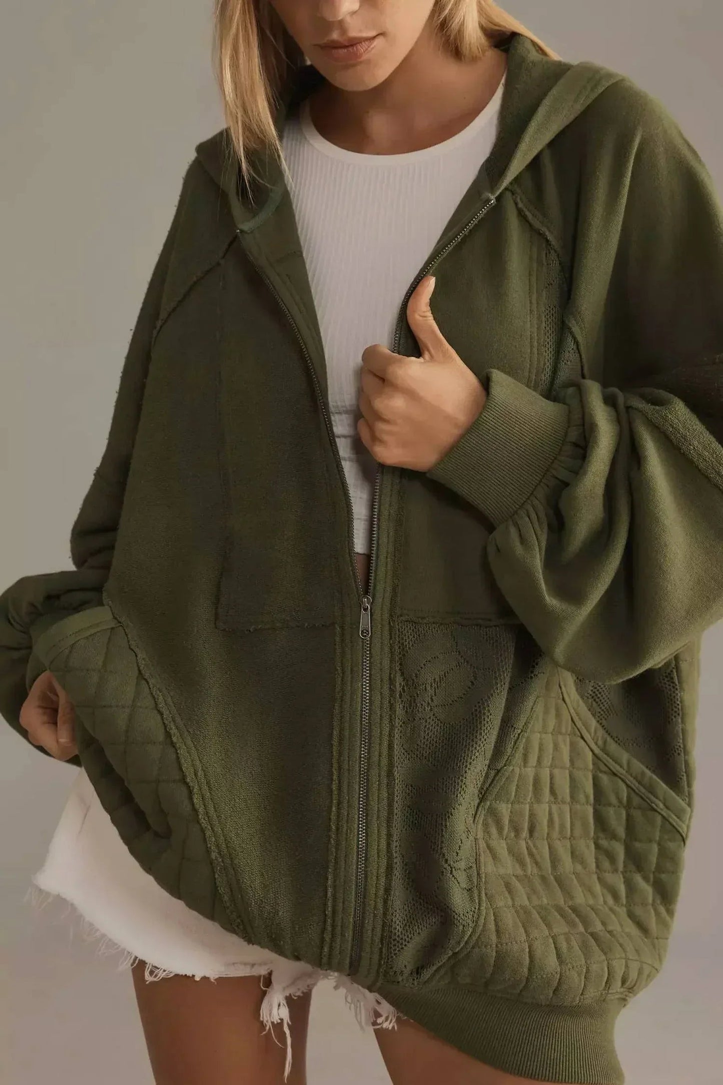 Mixed Print Full Zip Hooded Sweatshirt