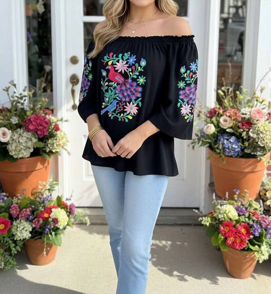 Floral & Bird Embroidered Off-shoulder Boho Top