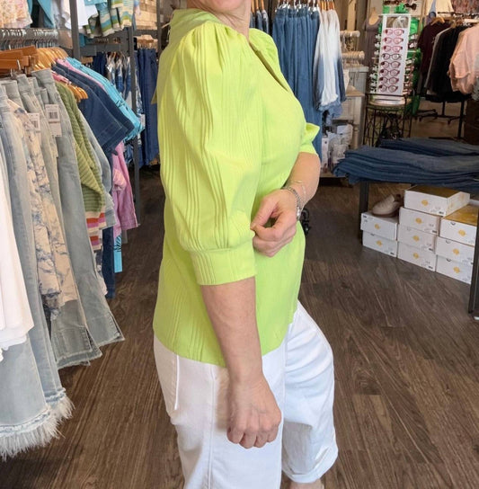 Button Front Elbow Sleeve Ribbed Top