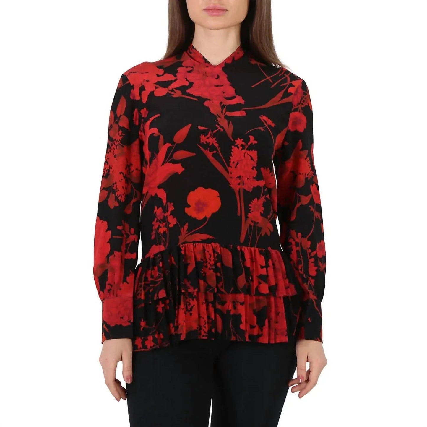 Bluse mit Blumenmuster und Plisseebesatz