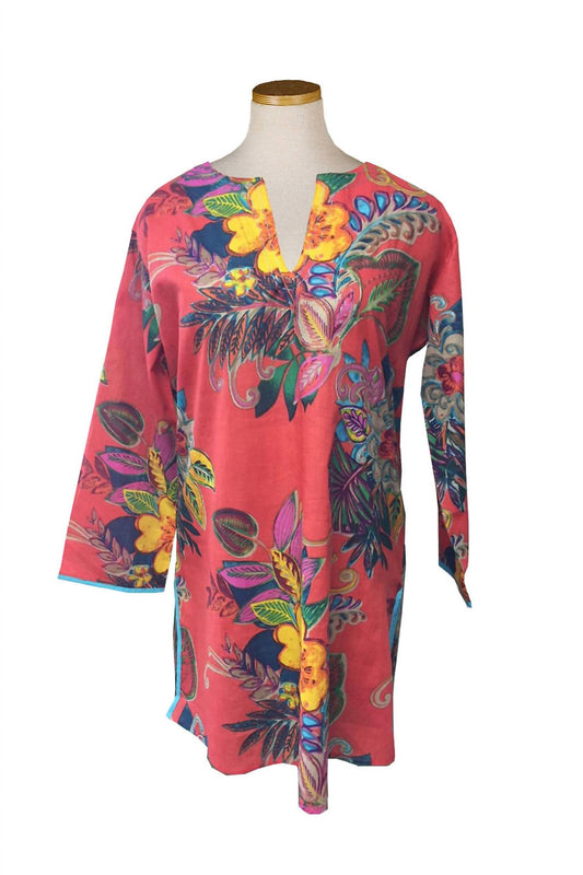 Women's Fiji V-neck Tunic With Neck Embroidery Sleeve And Side Trim