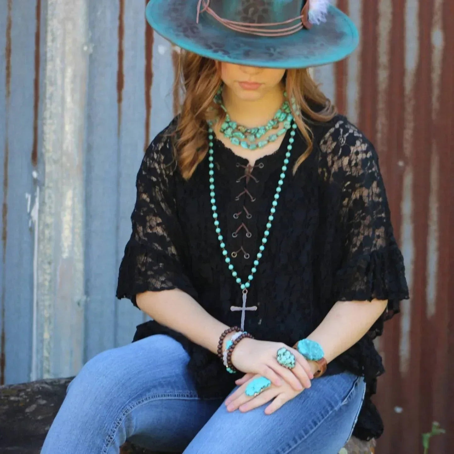 Women's Long Beaded Antique Copper Cross Necklace